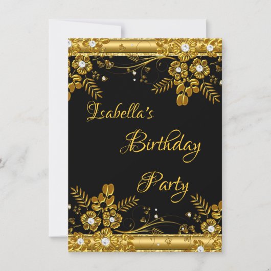 Birthday Party Gold Black Diamond Floral Swirl Kaart (Voorkant)
