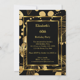 Birthday Party Gold Black Floral Invitation Kaart