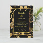 Birthday Party Gold Black Floral Invitation Kaart (Staand voorkant)