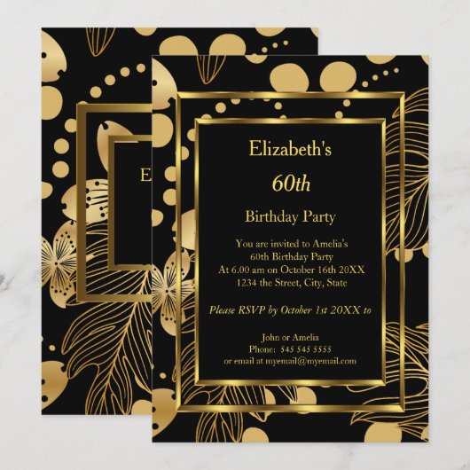 Birthday Party Gold Black Floral Invitation Kaart (Voorkant / Achterkant)