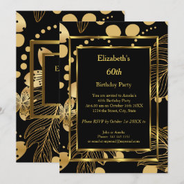 Birthday Party Gold Black Floral Invitation Kaart