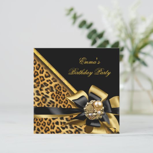 Birthday Party Gold Black Leopard Afbeelding Kaart (Staand voorkant)