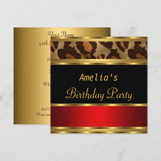 Birthday Party Gold Black Red Leopard Kaart (Voorkant / Achterkant)