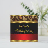 Birthday Party Gold Black Red Leopard Kaart (Staand voorkant)