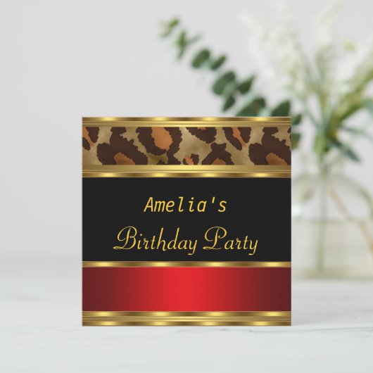 Birthday Party Gold Black Red Leopard Kaart (Staand voorkant)