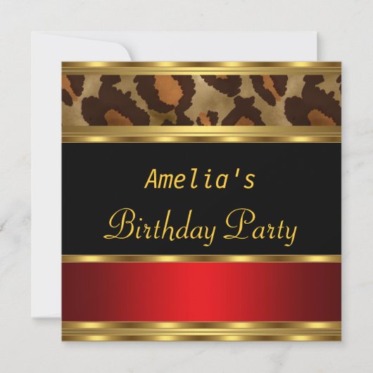 Birthday Party Gold Black Red Leopard Kaart (Voorkant)