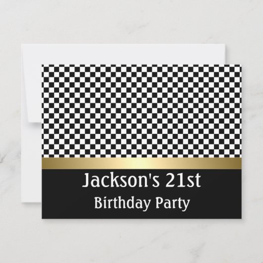 Birthday Party Gold Black & White Check Patroon Kaart (Voorkant)