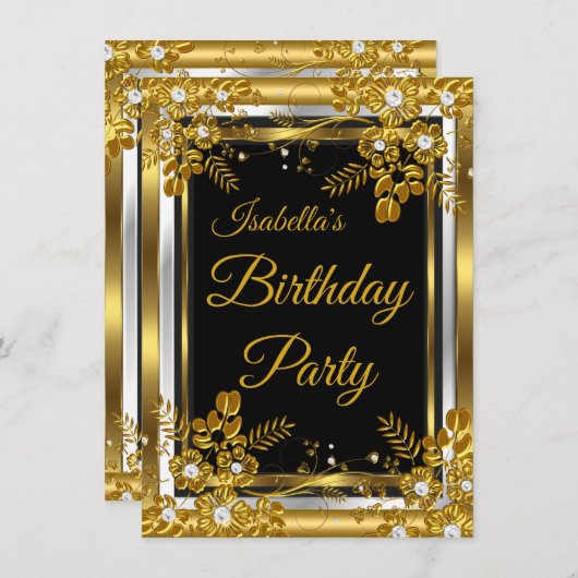 Birthday Party Gold Black White Diamond Floral Kaart (Voorkant / Achterkant)