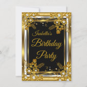 Birthday Party Gold Black White Diamond Floral Kaart (Voorkant)