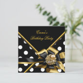 Birthday Party Gold Black White Polka Dot Afbeeldi Kaart (Staand voorkant)