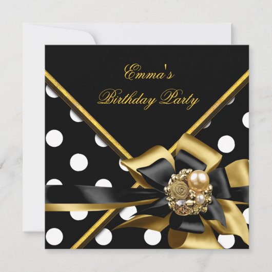 Birthday Party Gold Black White Polka Dot Afbeeldi Kaart (Voorkant)