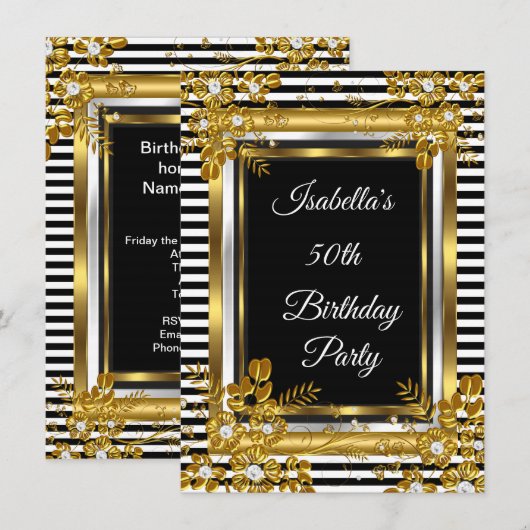 Birthday Party Gold Black White Stripe Floral Kaart (Voorkant / Achterkant)