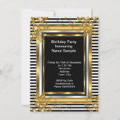 Birthday Party Gold Black White Stripe Floral Kaart (Achterkant)
