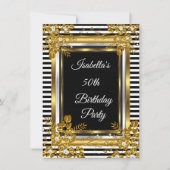 Birthday Party Gold Black White Stripe Floral Kaart (Voorkant)