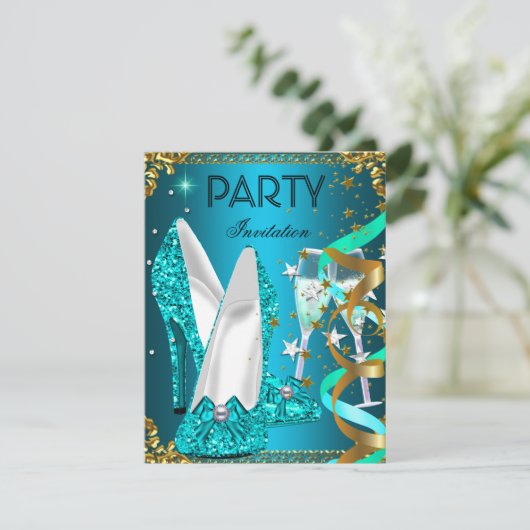 Birthday Party Gold Blue Shoes Kaart (Staand voorkant)