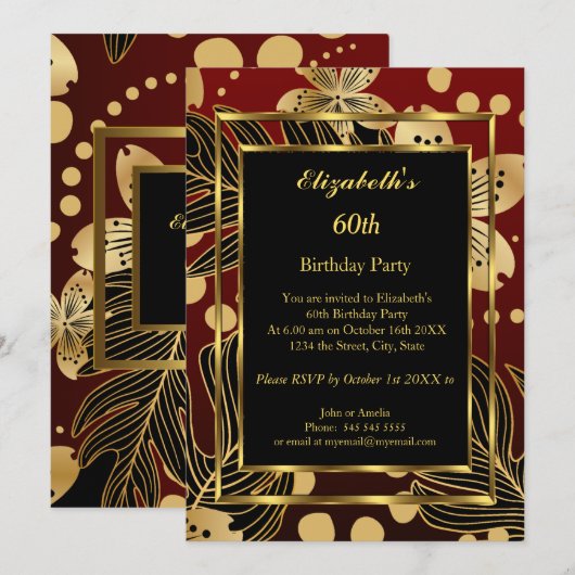 Birthday Party Gold Burgundy Floral Kaart (Voorkant / Achterkant)
