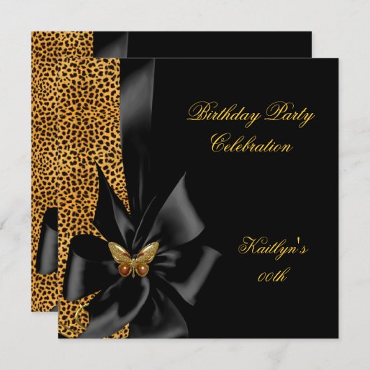 Birthday Party Gold Cheetah Black Butterfly Kaart (Voorkant / Achterkant)