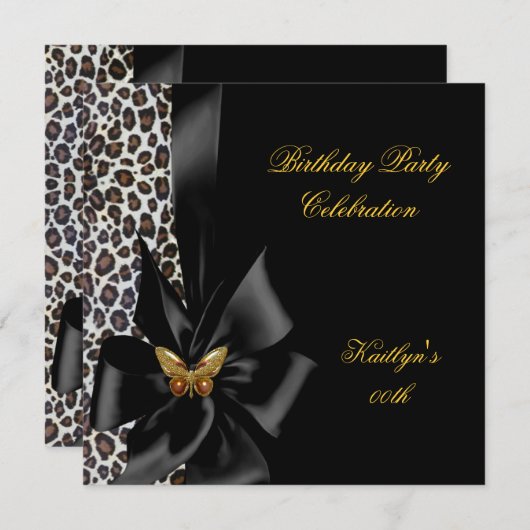Birthday Party Gold Cheetah Black Butterfly Kaart (Voorkant / Achterkant)
