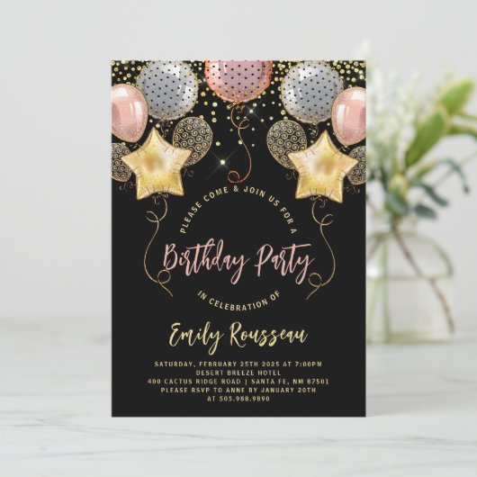 Birthday Party Gold Confetti-ballonnen Kaart (Staand voorkant)