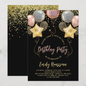 Birthday Party Gold Confetti-ballonnen Kaart (Voorkant / Achterkant)