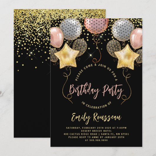 Birthday Party Gold Confetti-ballonnen Kaart (Voorkant / Achterkant)