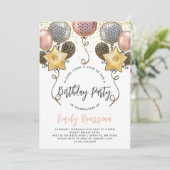 Birthday Party Gold Confetti Balloons Uitnodiging (Staand voorkant)