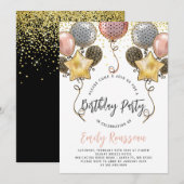Birthday Party Gold Confetti Balloons Uitnodiging (Voorkant / Achterkant)