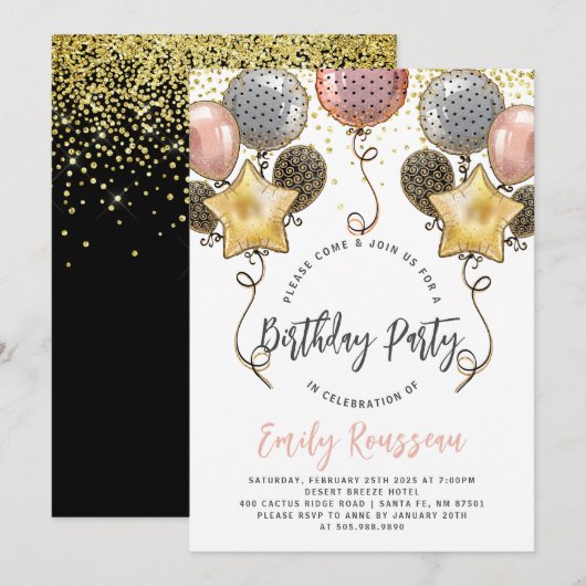 Birthday Party Gold Confetti Balloons Uitnodiging (Voorkant / Achterkant)