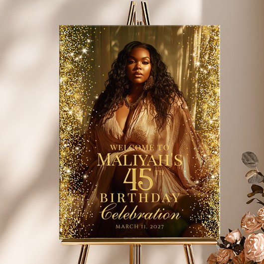 Birthday party gold confetti photo welcome poster