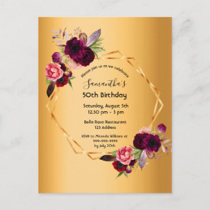 Birthday party gold floral luxe uitnodiging