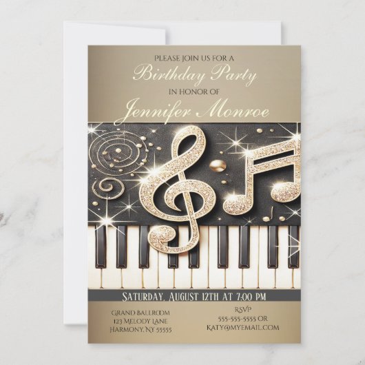 Birthday Party Gold Glitter Piano Kaart (Voorkant)