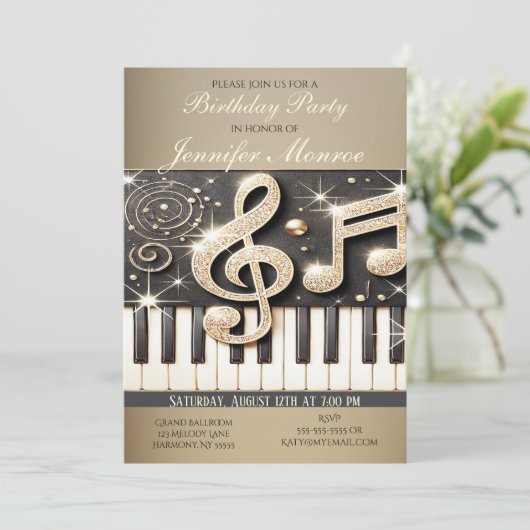 Birthday Party Gold Glitter Piano Kaart (Staand voorkant)