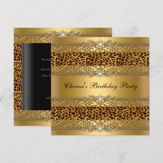 Birthday Party Gold Leopard Diamond Kaart (Voorkant / Achterkant)