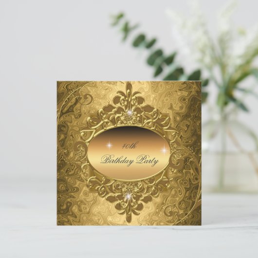 Birthday Party Gold op Gold Metal Glitter Kaart (Staand voorkant)