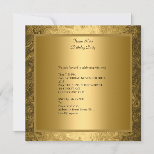 Birthday Party Gold op Gold Metal Glitter Kaart (Achterkant)