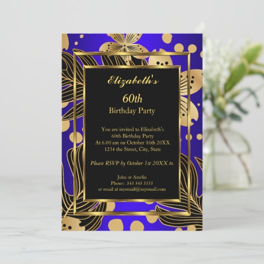 Birthday Party Gold Royal Blue Floral Kaart (Staand voorkant)