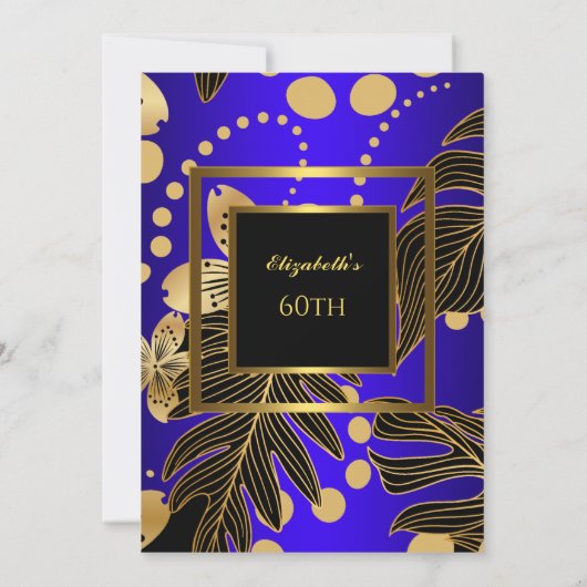 Birthday Party Gold Royal Blue Floral Kaart (Achterkant)