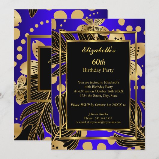 Birthday Party Gold Royal Blue Floral Kaart (Voorkant / Achterkant)