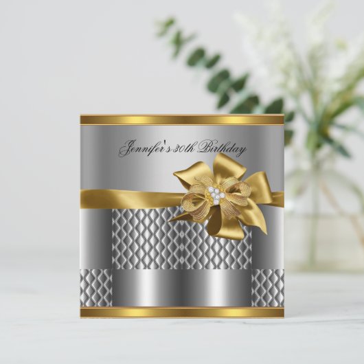 Birthday Party Gold Tegel Trim Silver Grey Diamond Kaart (Staand voorkant)