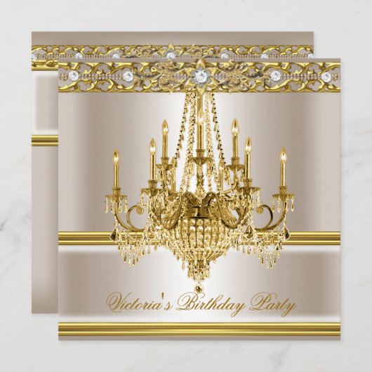 Birthday Party Gold White Cream Chandelier Kaart (Voorkant / Achterkant)