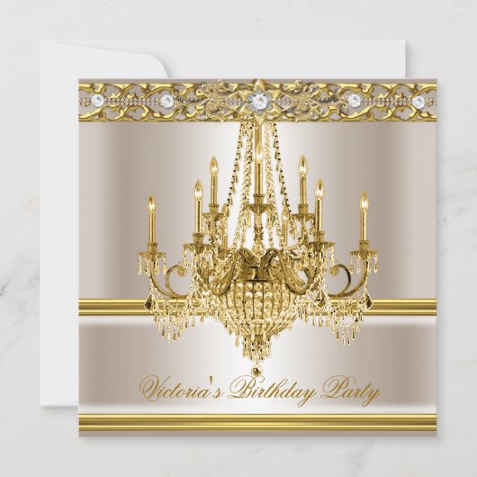Birthday Party Gold White Cream Chandelier Kaart (Voorkant)