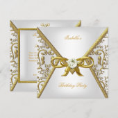 Birthday Party Gold White Damask Bow Afbeelding Kaart (Voorkant / Achterkant)