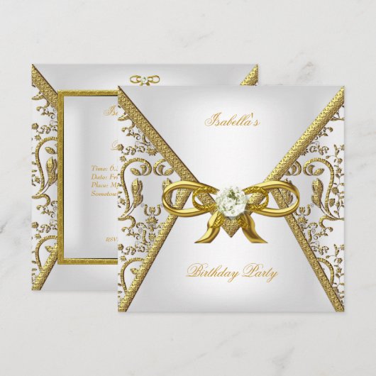 Birthday Party Gold White Damask Bow Afbeelding Kaart (Voorkant / Achterkant)