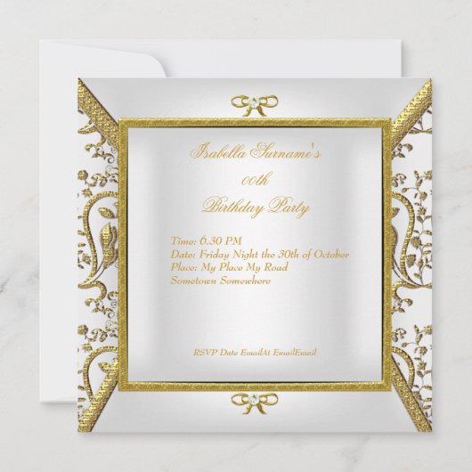 Birthday Party Gold White Damask Bow Afbeelding Kaart (Achterkant)