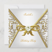 Birthday Party Gold White Damask Bow Afbeelding Kaart (Voorkant)