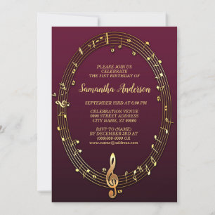 Birthday Party Golden Musical Notes Pink Burgundy Kaart