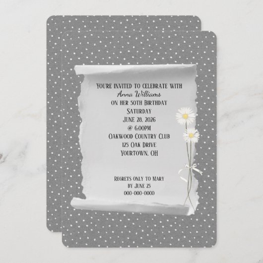 Birthday Party gray and pin dot Invitation Kaart (Voorkant / Achterkant)