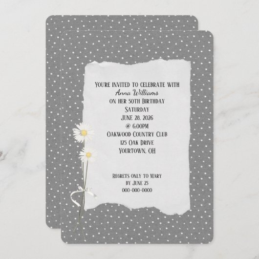 Birthday Party gray and pin dot Invitation Kaart (Voorkant / Achterkant)
