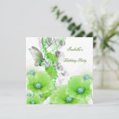 Birthday Party Green Floral White Butterfly Kaart (Staand voorkant)