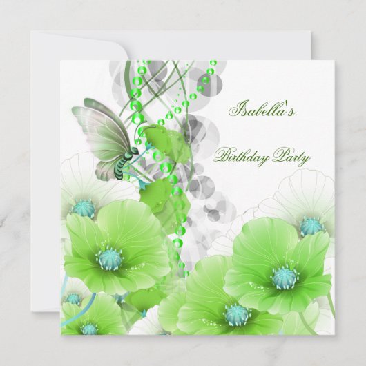 Birthday Party Green Floral White Butterfly Kaart (Voorkant)
